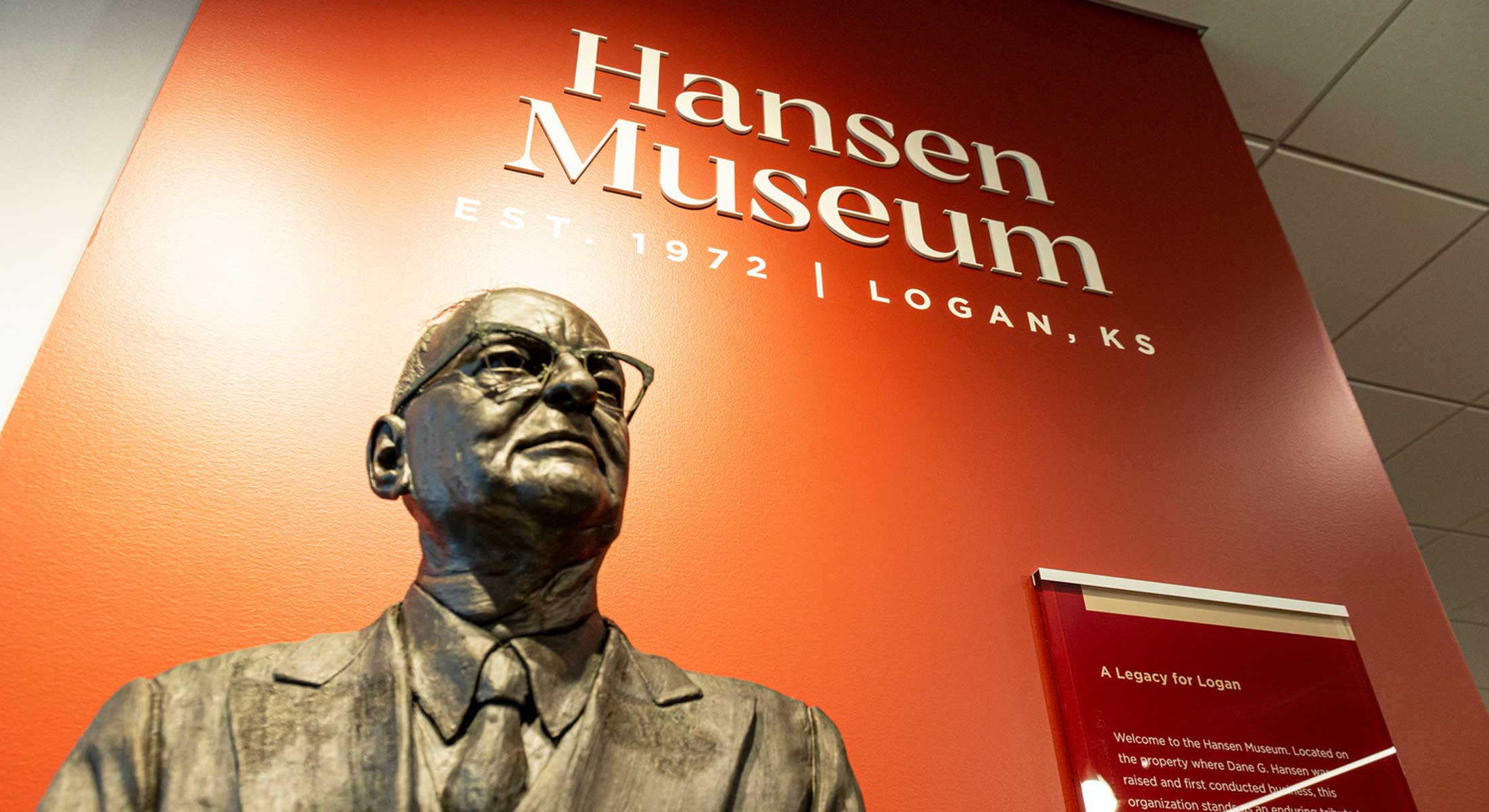 A bronze bust stands in the Hansen Museum, celebrating the legacy of Dane Gray Hansen.