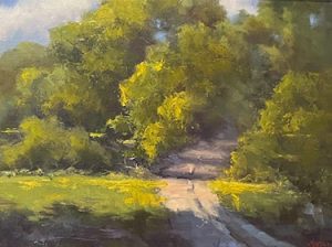 Hartman oil painting of a country road surrounded by trees